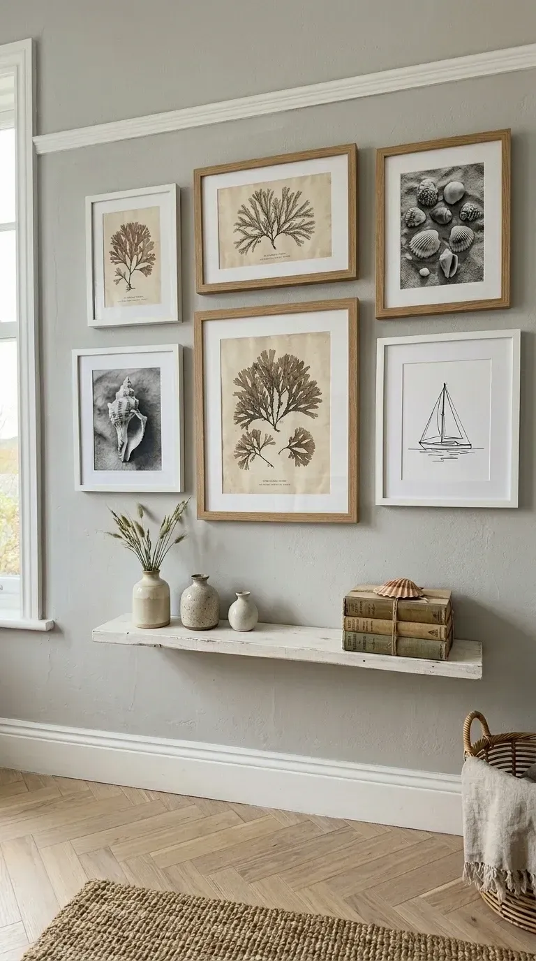 Curated coastal grandmother gallery wall with balanced grid of botanical prints and coastal art in matching natural white oak frames rustic white floating shelf styled with handmade East Fork stoneware vases holding dried beach grasses stack of vintage hardback books small collected seashell sophisticated soft gray wall color herringbone oak flooring