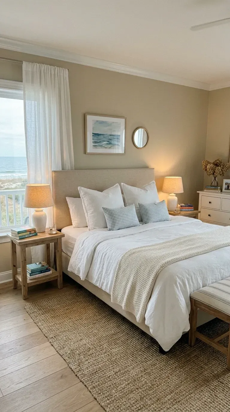 Coastal grandmother master bedroom with upholstered beige linen platform bed frame layered Belgian linen bedding ivory white linen duvet chunky knit alpaca throw blue gingham check pillows mix of textured pillows rustic reclaimed wood matching nightstands ceramic table lamps jute area rug end of bed linen upholstered bench sheer white linen curtains floor to ceiling windows soft ocean view Benjamin Moore Ballet White walls