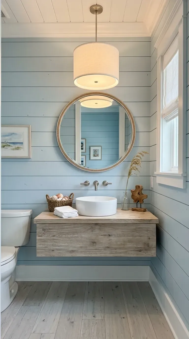 Charleston coastal bathroom with light blue shiplap walls round mirror with rope hanger light wood floating vanity white vessel sink large fabric drum pendant and wood-look plank flooring