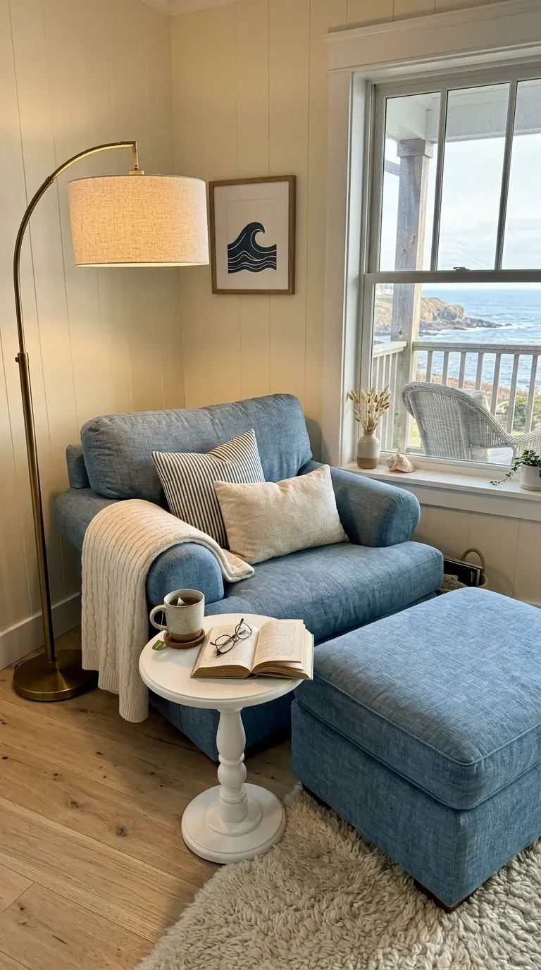 Coastal grandmother reading nook with deep denim blue slipcovered armchair matching ottoman brass arc floor lamp with linen shade small white pedestal side table chunky knit merino throw blanket light natural oak flooring sheer white linen drapery coastal window view layered accent pillows in stripes and ticking
