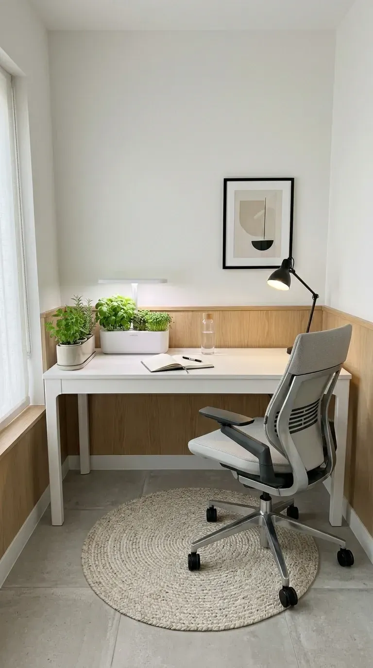 Minimalist Charleston home office with white parsons desk, ergonomic Steelcase Series 1 chair, compact countertop hydroponic garden with herbs and microgreens, black adjustable Anglepoise desk lamp, round jute rug, and white oak wainscoting