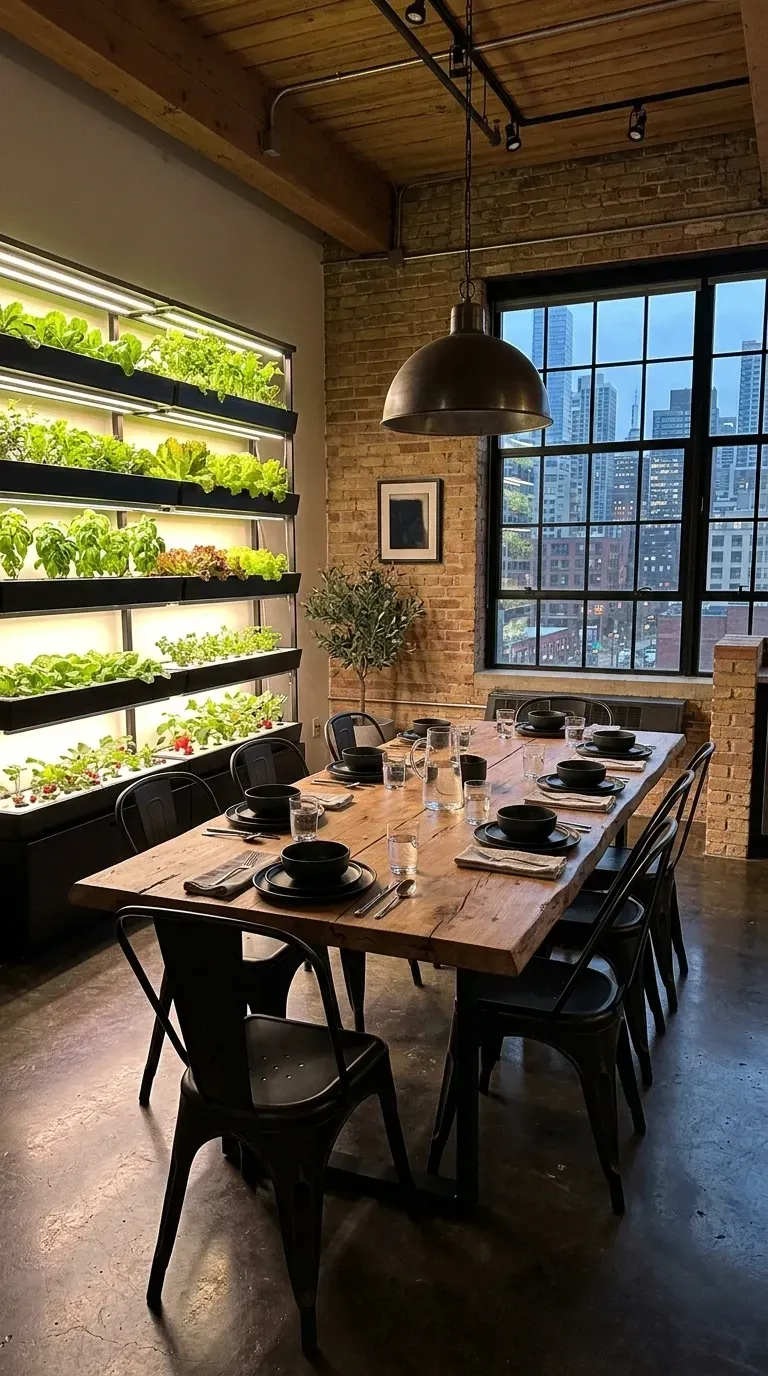 Industrial loft Charleston dining room with multi-tier commercial-grade hydroponic system on exposed brick wall, polished concrete floor, live-edge walnut dining table, black metal Tolix-style dining chairs, large industrial pendant light, and track lighting