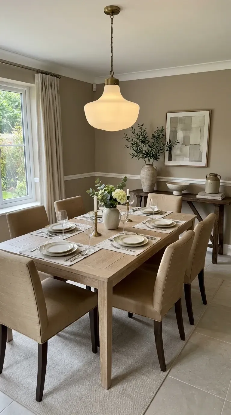 Quiet luxury dining area with large light wood table, eight upholstered linen chairs, brass and opal glass pendant, rustic wooden console, and large ceramic vase with olive branches