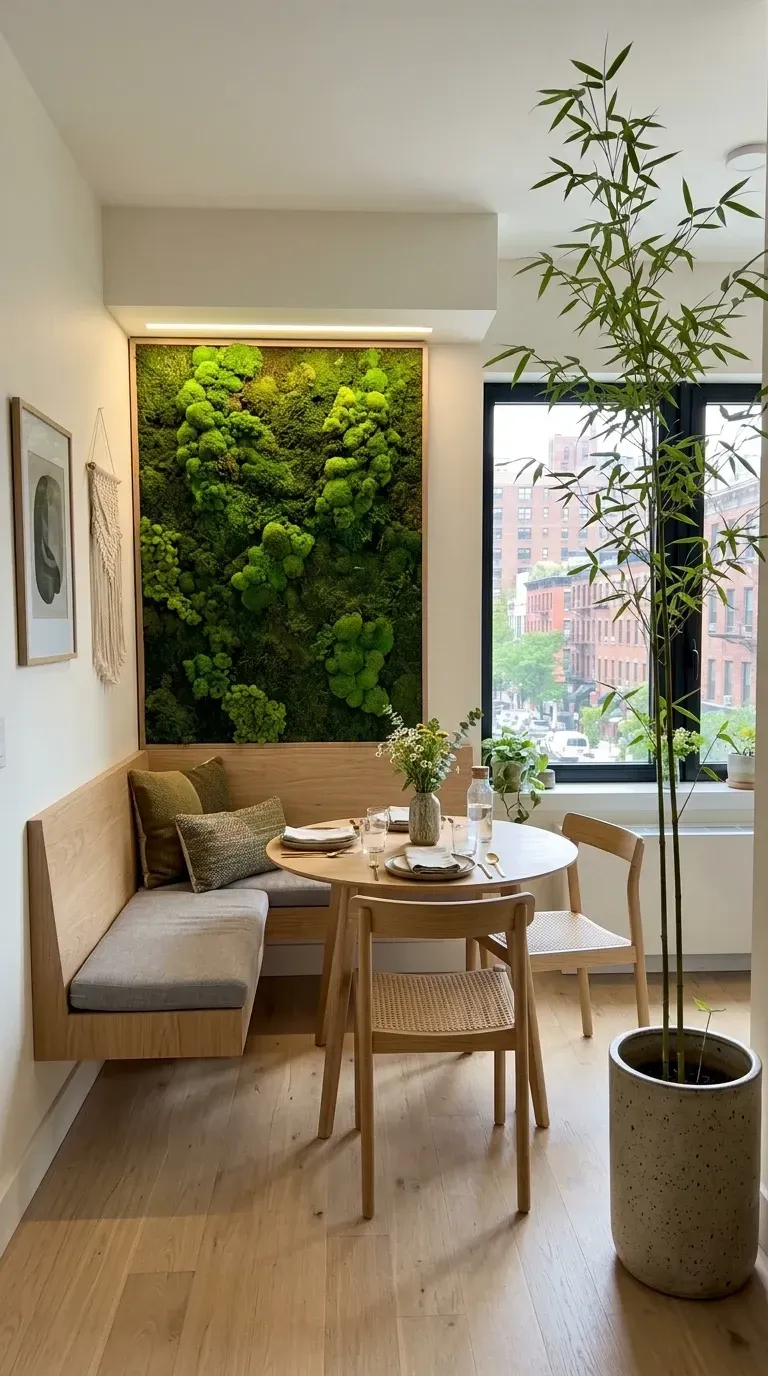 Cozy dining nook with large framed preserved moss wall vibrant green texture against white walls custom built-in wooden banquette light wood round dining table wooden cane dining chairs tall potted bamboo plant by window and oak flooring for low-maintenance biophilic eating area
