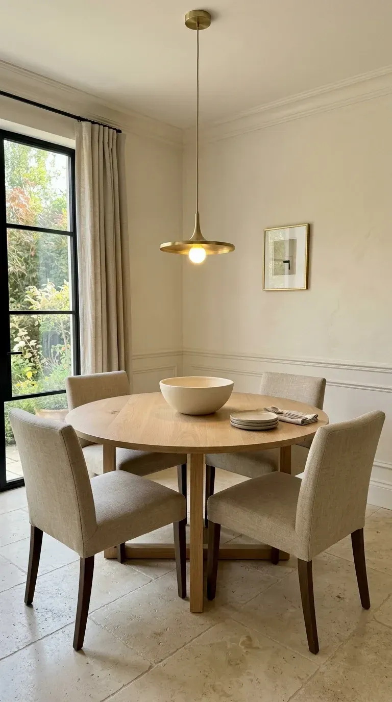 Warm minimalist dining nook with round oak table, upholstered chairs and brass pendant