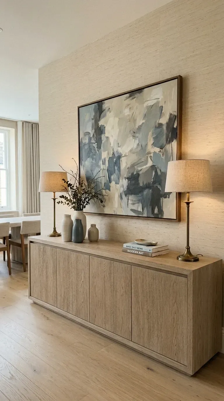 Quiet luxury dining room sideboard in light wood with curated ceramic vase collection, large abstract painting, pair of brass table lamps with linen shades, and grasscloth feature wall
