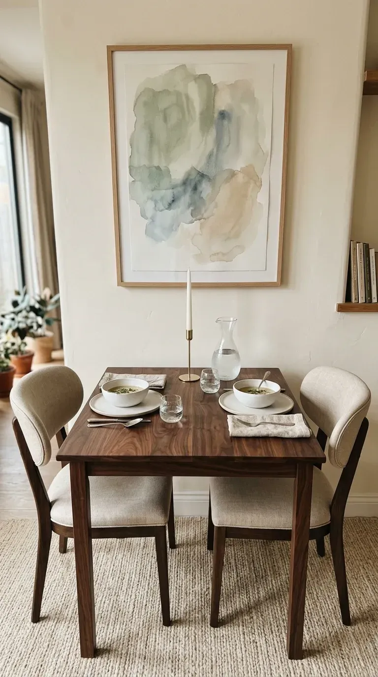 Charleston intimate dining vignette with small walnut bistro table for two upholstered curved-back chairs large framed watercolor art print brass candlestick glass carafe and recessed wall niche with books