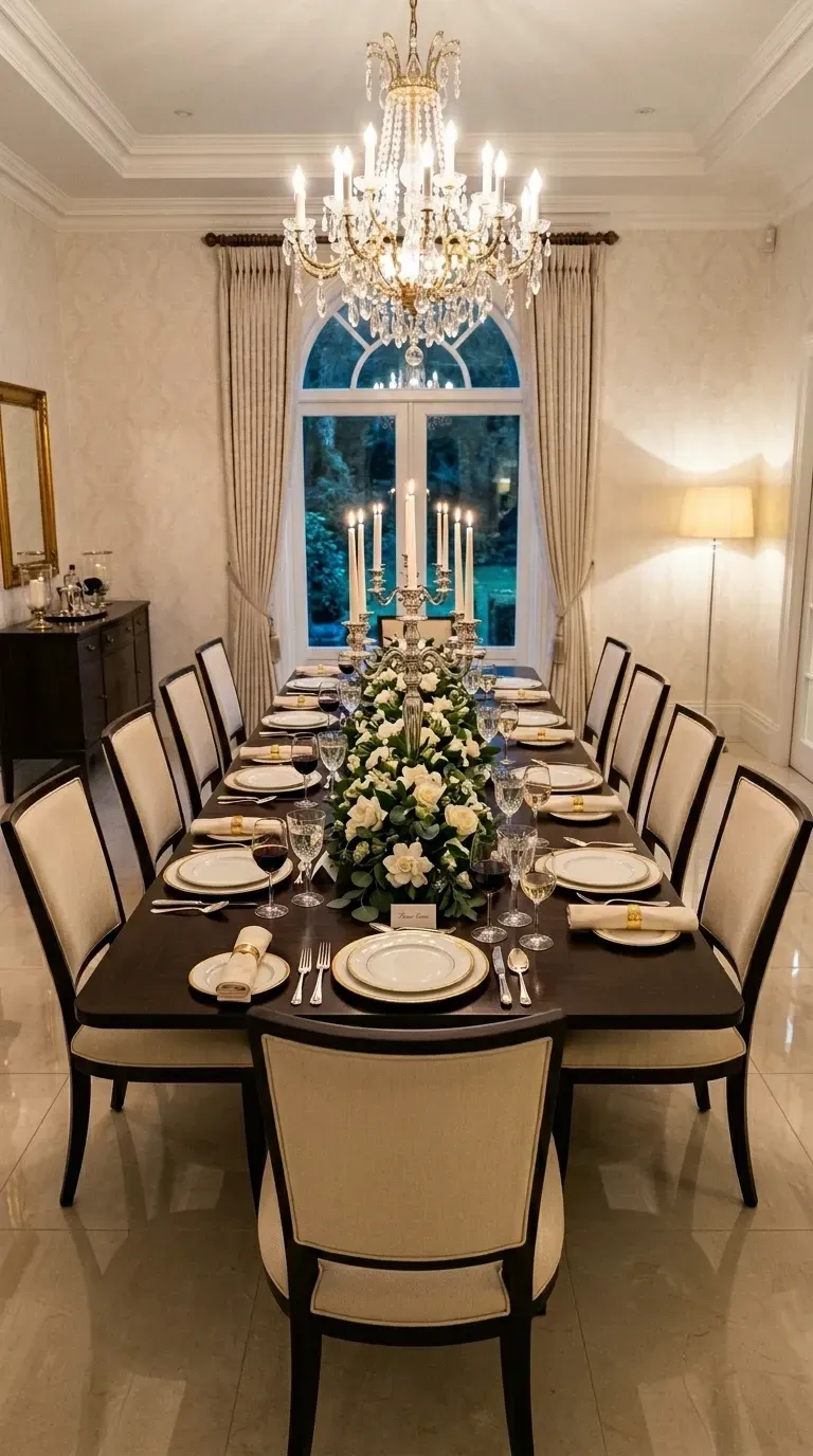 Formal dining room with crystal chandelier, tall silver candelabras with taper candles, lush floral and greenery runner, gold-rimmed chargers, upholstered chairs, and floor-to-ceiling curtains