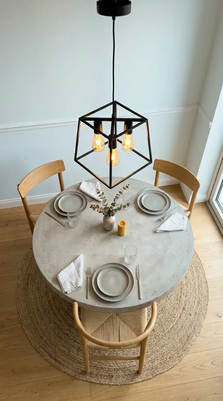 Charleston King Street loft dining room with round concrete pedestal table geometric metal pendant light curved wood chairs with woven cane seats round jute rug and minimalist place settings with eucalyptus centerpiece