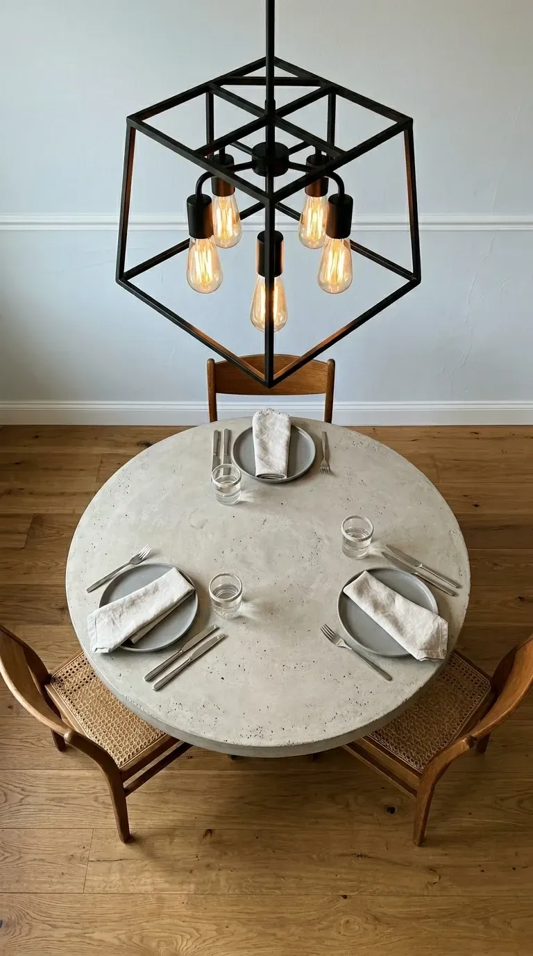 Top-down view of Charleston minimalist dining setting with round concrete table cane-back chairs jute rug exposed Edison bulb pendant linen napkins and neutral plate setting