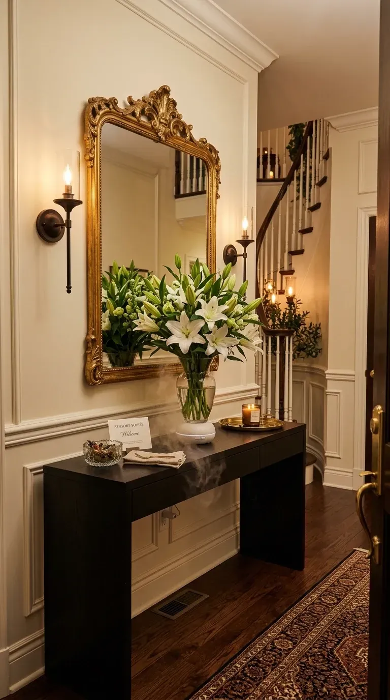 Party entryway vignette with ornate gold mirror, dark wood console table, fresh white lilies, scented candle on brass tray, and warm wall sconces