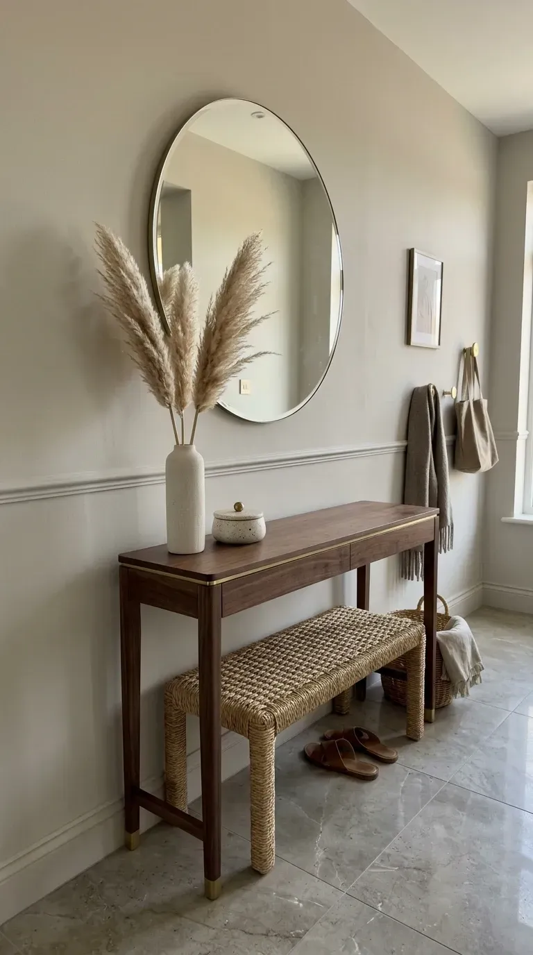 Curated entryway with slim walnut console, woven bench, round mirror and pampas grass