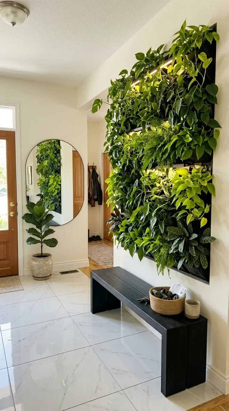 Grand entryway with floor-to-ceiling vertical living wall packed with ferns pothos philodendrons illuminated by integrated LED strip lighting minimalist black bench large round wall mirror tall potted fiddle leaf fig wooden front door and white marble floor for striking biophilic first impression