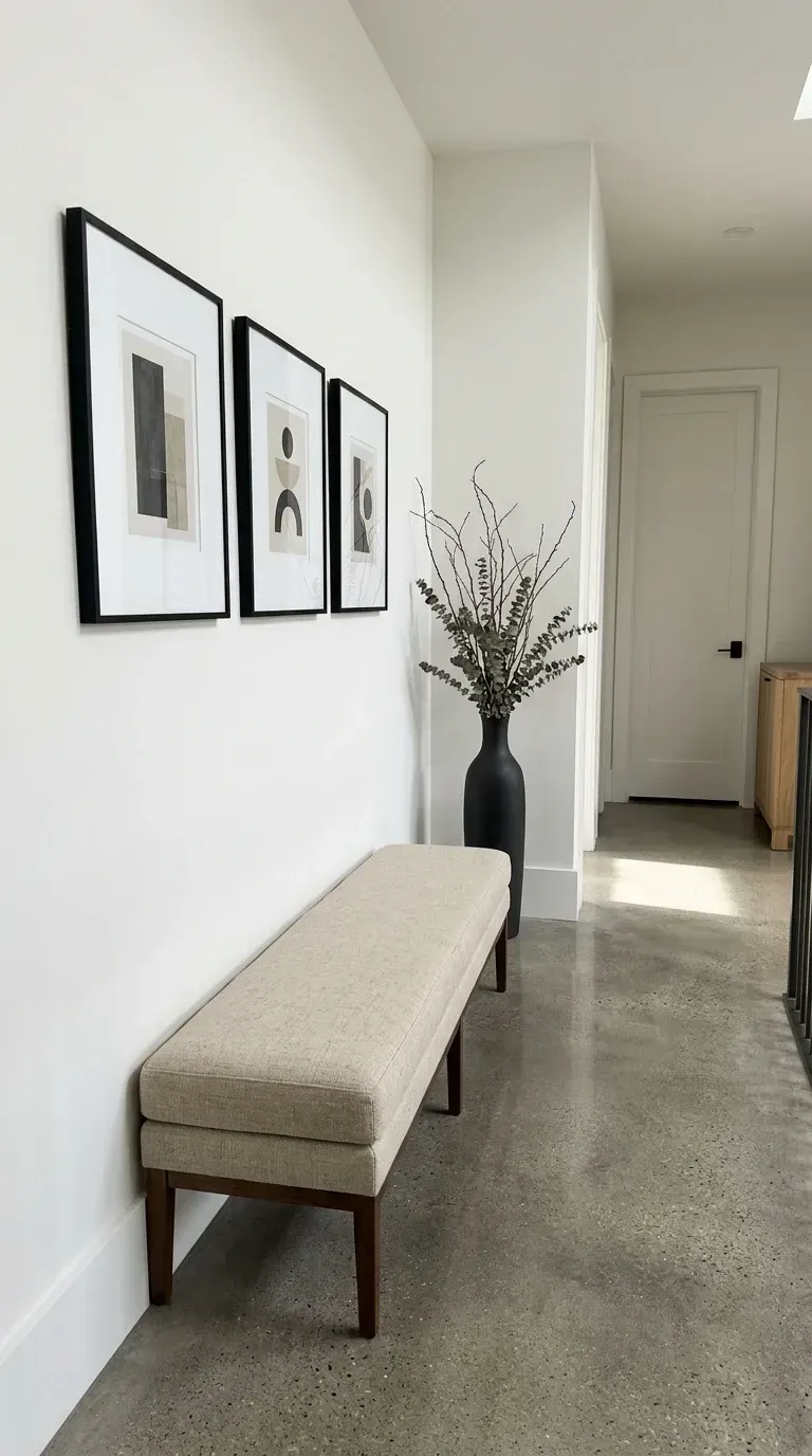 Quiet luxury hallway with upholstered bench, three black-framed abstract prints, tall black ceramic vase with dried eucalyptus, and polished concrete floors
