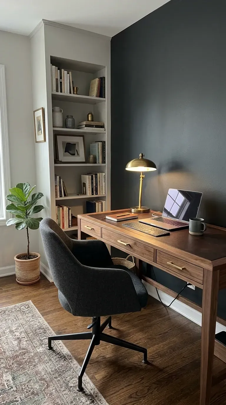 Moody home office with walnut desk, dark charcoal accent wall, brass desk lamp and built-in shelves