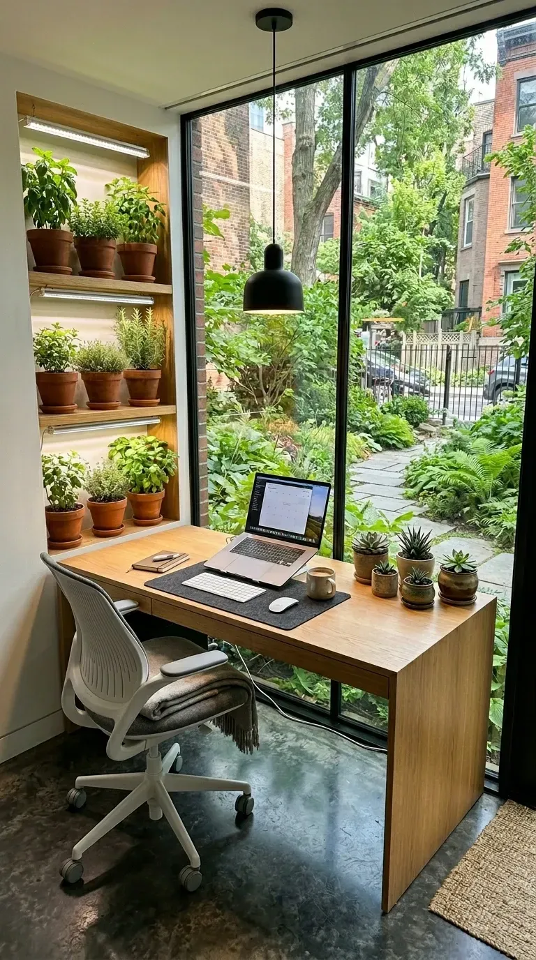 Modern home office desk with floor-to-ceiling window view of lush garden minimalist wooden desk custom built-in shelving with integrated grow lights thriving herb garden basil rosemary modern white office chair polished concrete floor and biophilic workspace integration