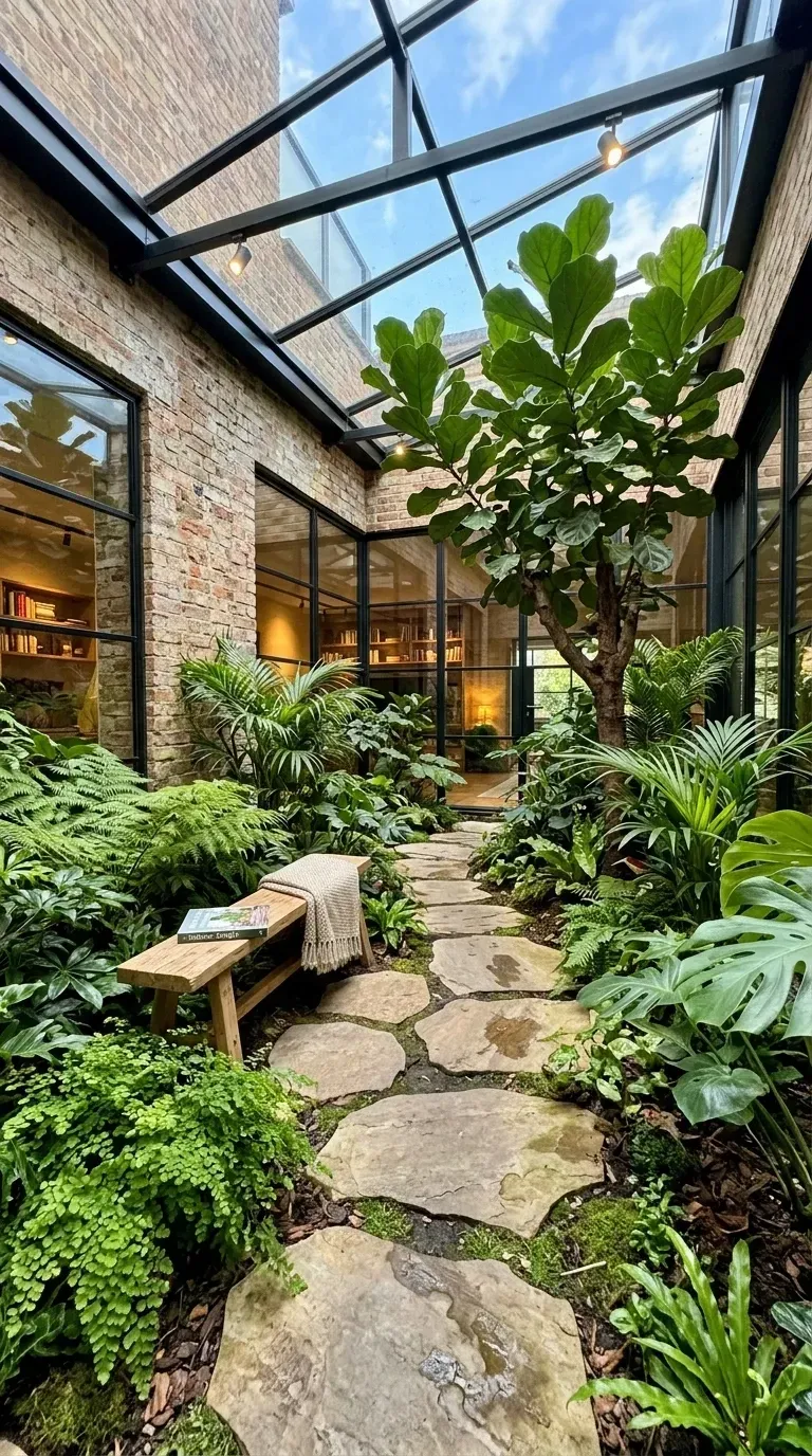 Breathtaking indoor jungle atrium with glass roof flooding space with natural light dense collection of tropical plants large central tree tree ferns palms winding flagstone path simple wooden bench exposed brick walls and lush undergrowth for true biophilic immersion experience