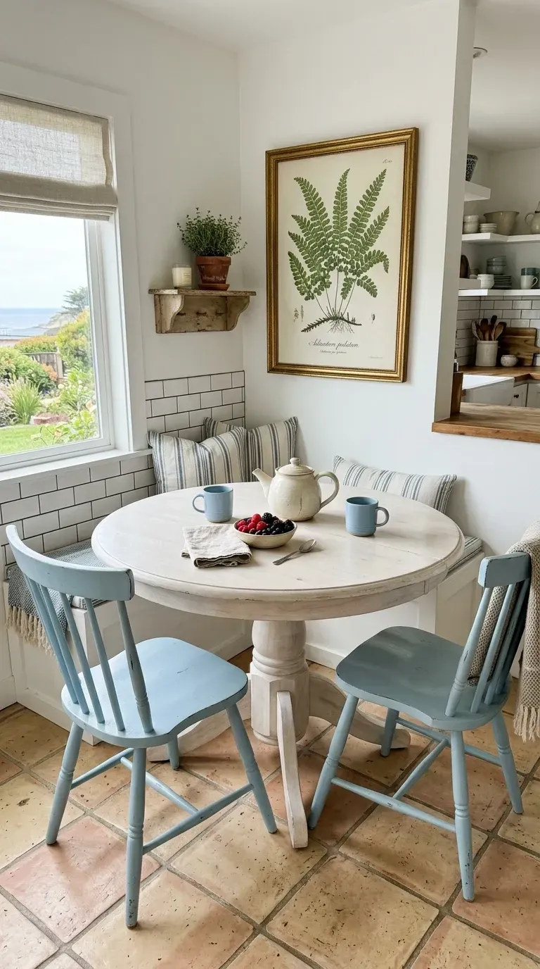 Charming cottage breakfast nook with custom built in corner bench seating ivory Belgian linen striped cushions round whitewashed solid oak pedestal dining table two painted periwinkle blue Windsor spindle back chairs white handmade Fireclay Tile subway backsplash small rustic floating shelf styled with ceramic vases small trailing pothos botanical fern gold framed vintage art large window garden view terracotta Saltillo tile flooring warm pendant light