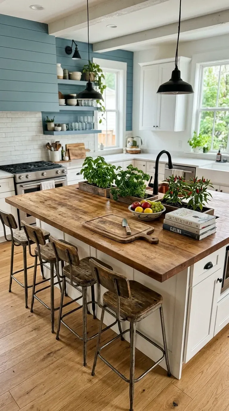 Charleston farmhouse kitchen with custom kitchen island featuring butcher block top and built-in stainless steel herb trough, industrial-style metal Tolix bar stools, blue shiplap walls and range hood, open wooden shelving with brackets, black pendant lights, and white subway tile backsplash
