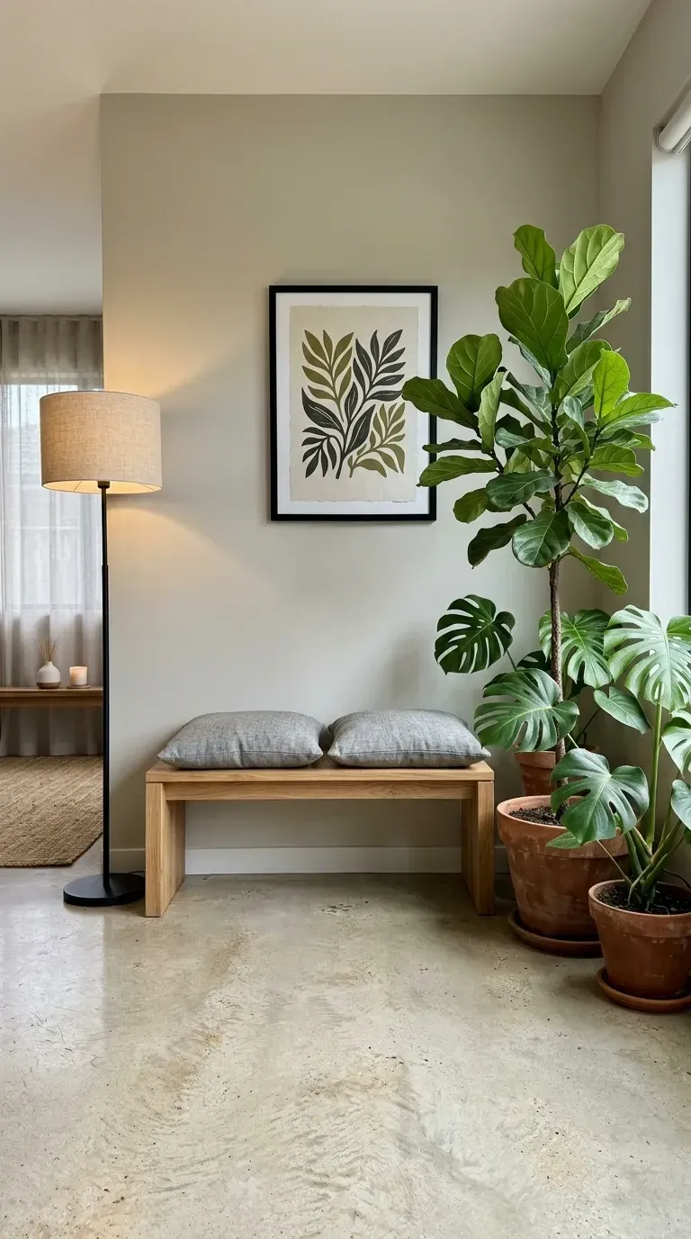 Serene minimalist living room corner with simple clean-lined wooden bench two grey linen pillows large sculptural potted Fiddle Leaf Fig towering Monstera Deliciosa framed botanical print sleek black floor lamp jute rug and concrete floor for Scandinavian biophilic vignette