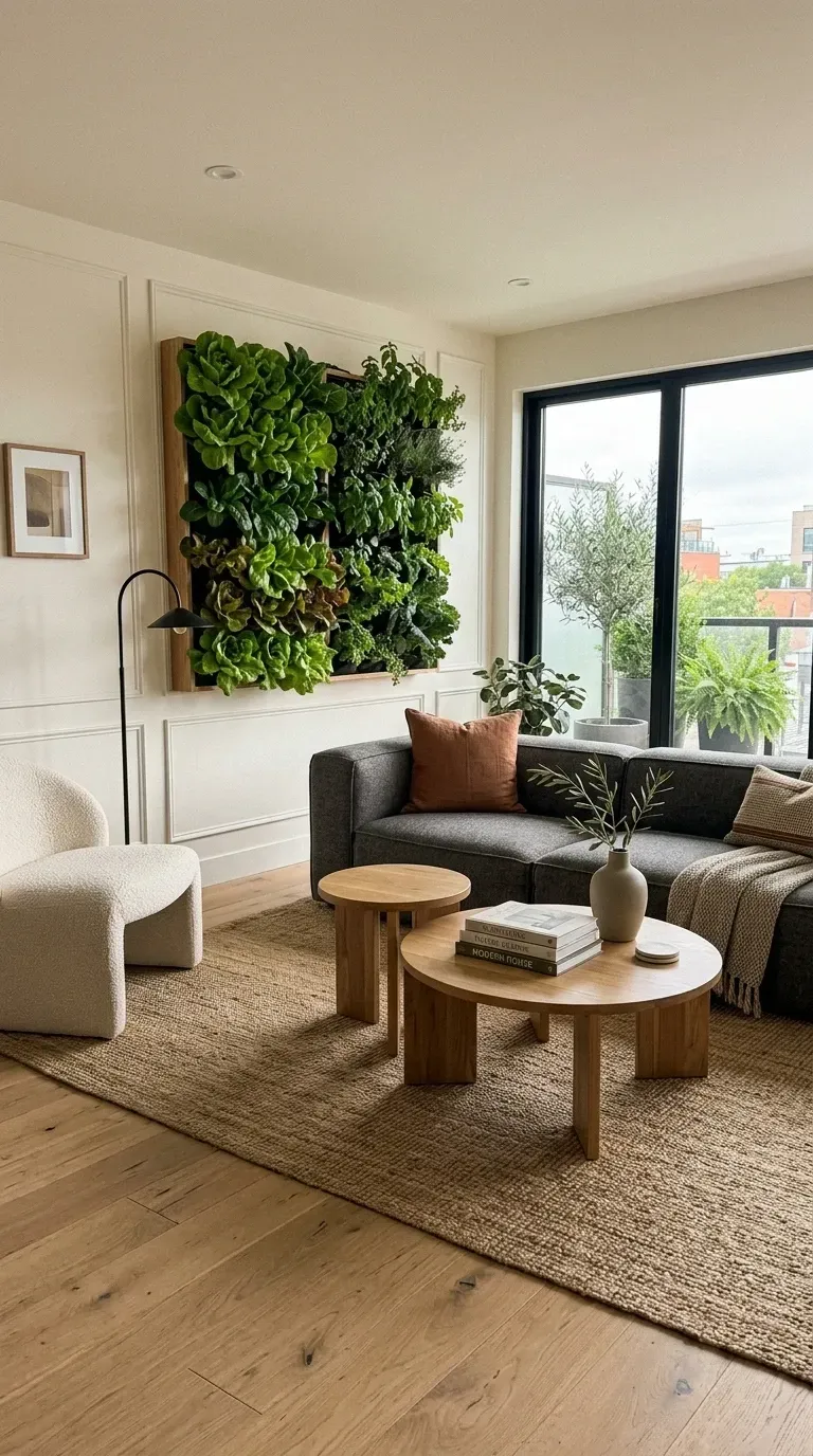 Organic modern Charleston living room with framed floor-to-ceiling vertical living wall as living art, dark grey sectional sofa, cream bouclé armchair, nested round wooden coffee tables, large jute area rug, and large potted olive tree