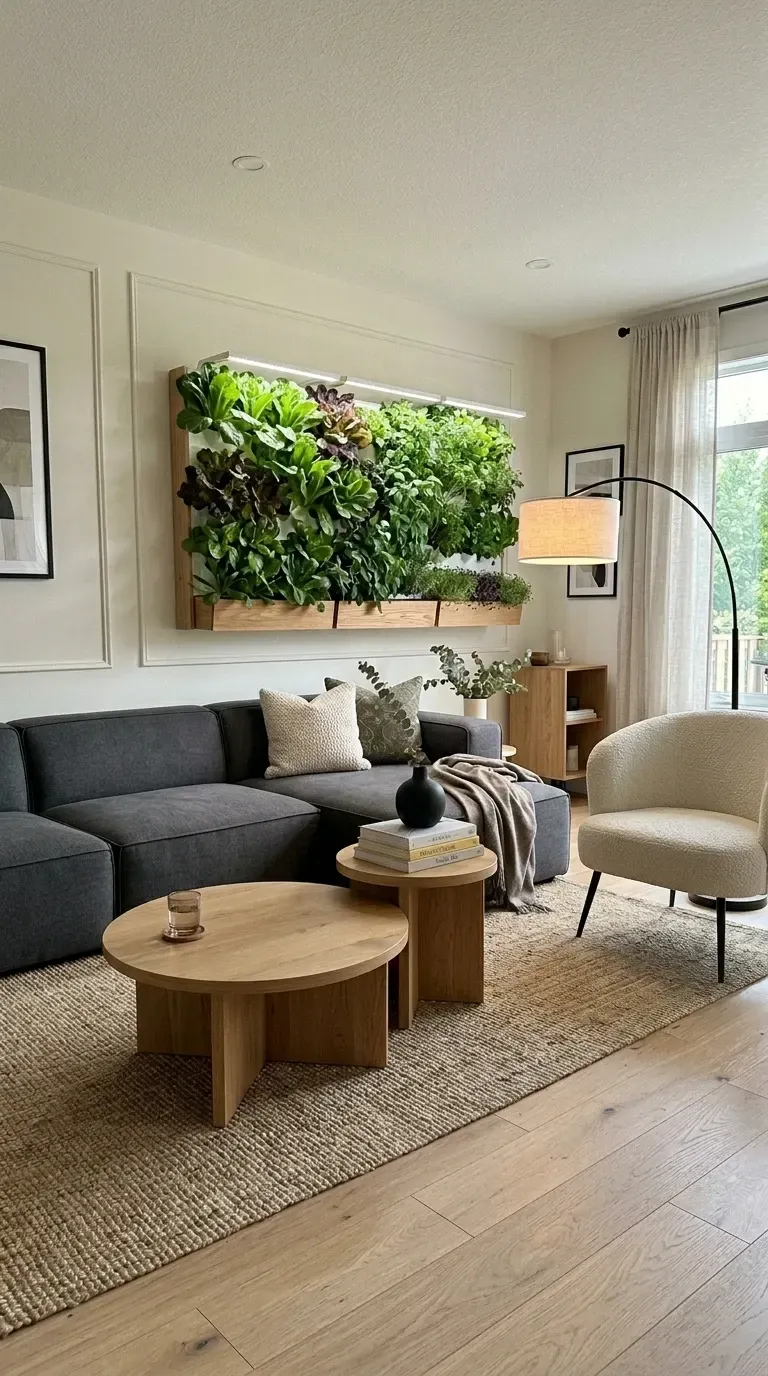 Modern Charleston living room with smaller framed vertical garden mounted above sofa with integrated grow light, decorative wood paneling, dark grey sectional, cream accent armchair, round wooden coffee table, jute area rug, and matte-black arc floor lamp