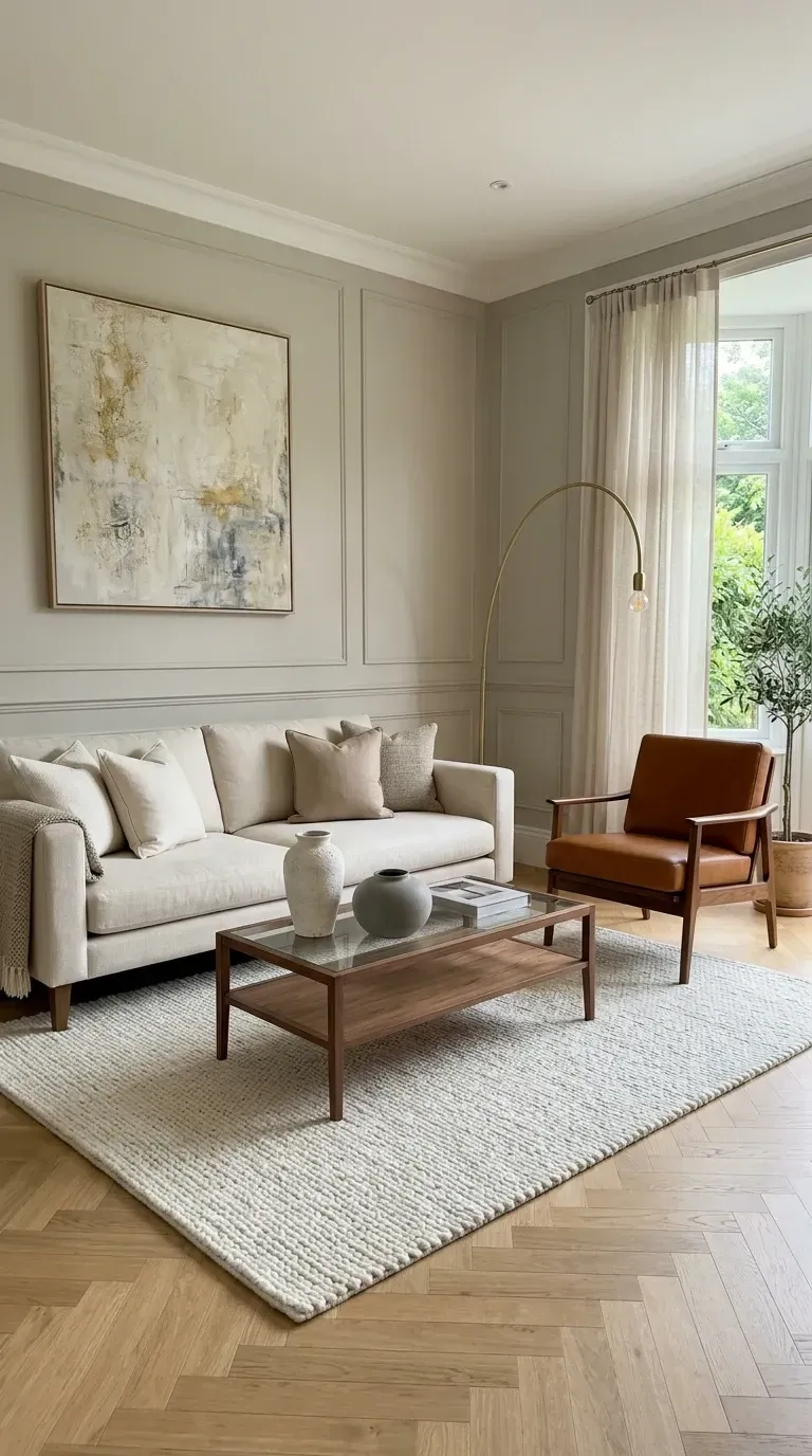 Quiet luxury living room with linen sofa, leather armchair, herringbone floors and classic wall molding