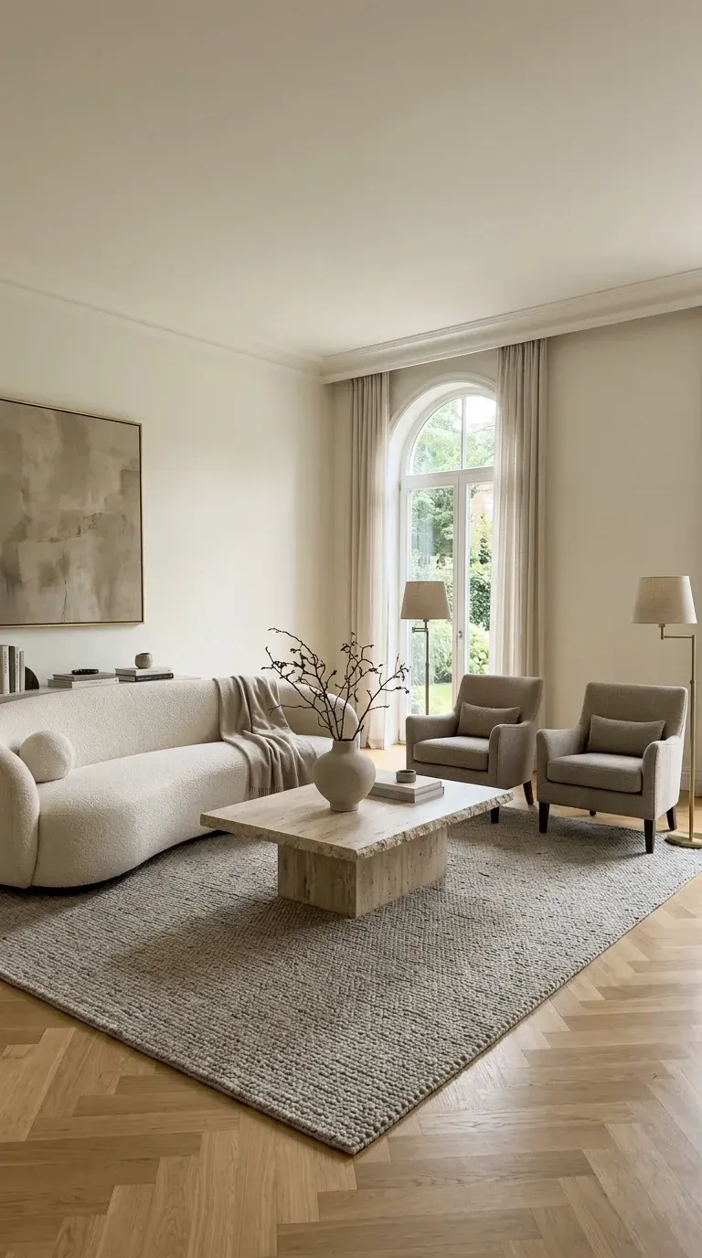 Quiet luxury living room with curved bouclé sofa, raw travertine coffee table, tailored upholstered armchairs, textured wool rug, and arched window with floor-to-ceiling linen curtains