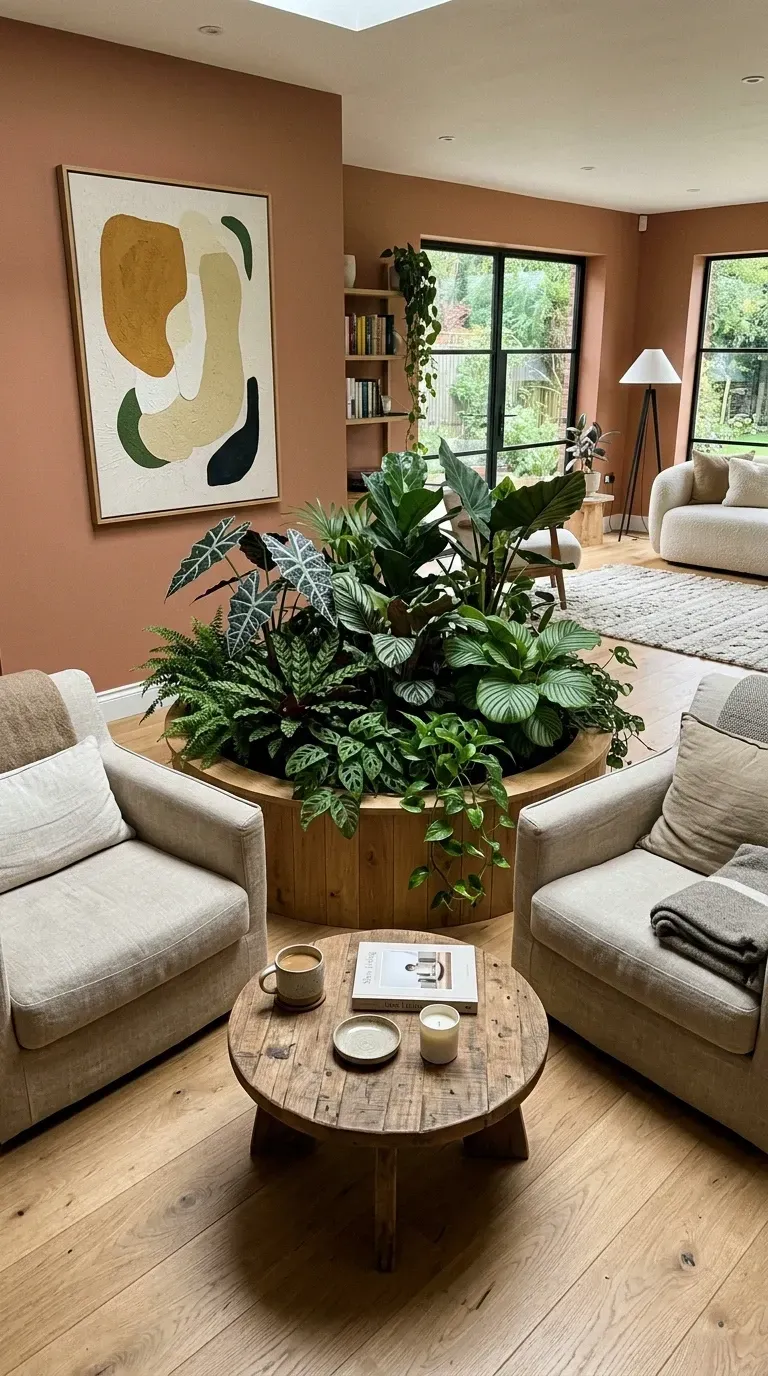 Warm terracotta living room with custom built-in circular wooden planter centerpiece overflowing with Alocasia Calathea ferns tropical foliage neutral linen armchairs round reclaimed wood coffee table abstract botanical art and white oak flooring for biophilic urban sanctuary