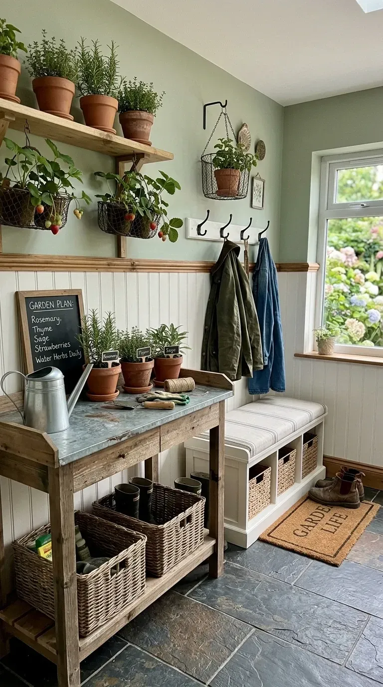 Charleston farmhouse mudroom with weathered cedar potting bench with zinc top, open wooden shelves with cast-iron brackets displaying terracotta pots, storage bench with wicker baskets and coat hooks, slate floor, and beadboard wall paneling