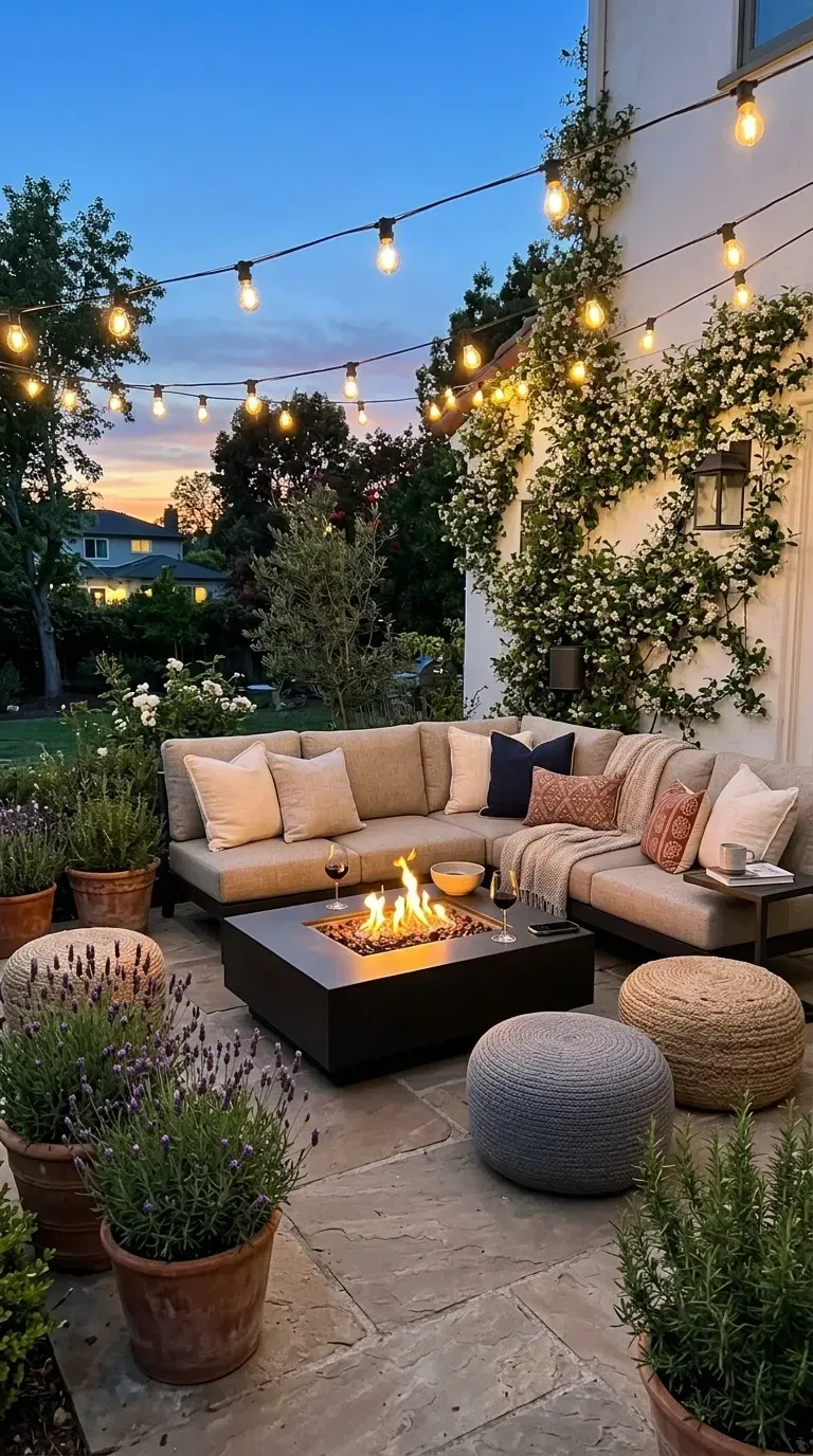Outdoor patio at dusk with large sectional outdoor sofa, square modern propane fire pit with flame, bistro string lights, climbing jasmine, potted lavender, and jute poufs