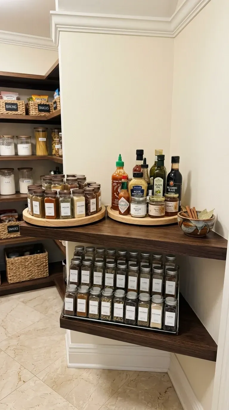 Awkward corner pantry shelving with solid wood lazy Susan turntables corralling oils vinegars and bottled sauces on middle shelves tiered Copco three tier spice rack holding uniform clear glass spice jars with black lids on upper shelf woven Y Weave seagrass baskets on lower shelves for bulk bags and pouches