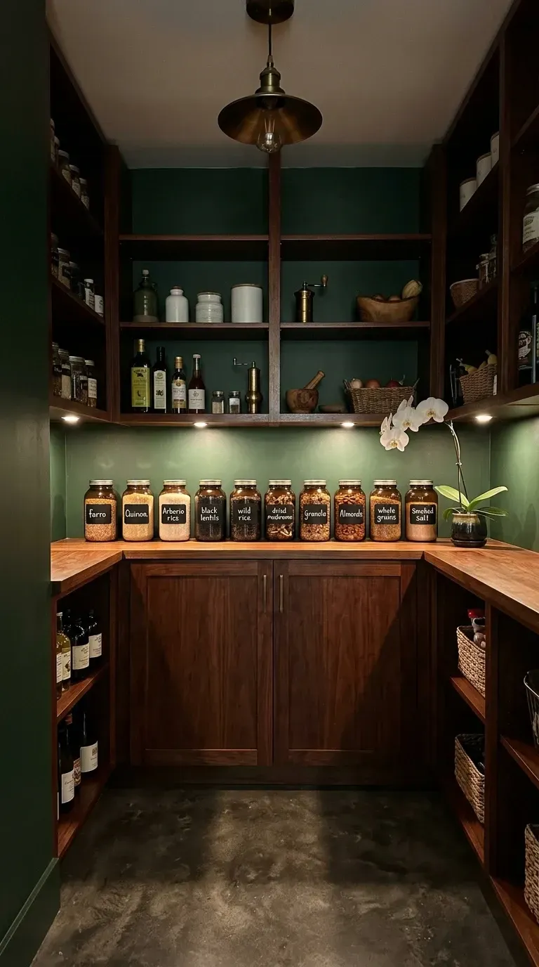 Moody luxurious pantry with dark forest green walls rich walnut built in cabinetry uniform large glass jars with chalkboard labels holding bulk grains pastas and flours smaller apothecary bottles for oils and vinegars warm LED under shelf lighting dramatically highlighting textures of decanted ingredients brass mortar and pestle and single white orchid as curated decor