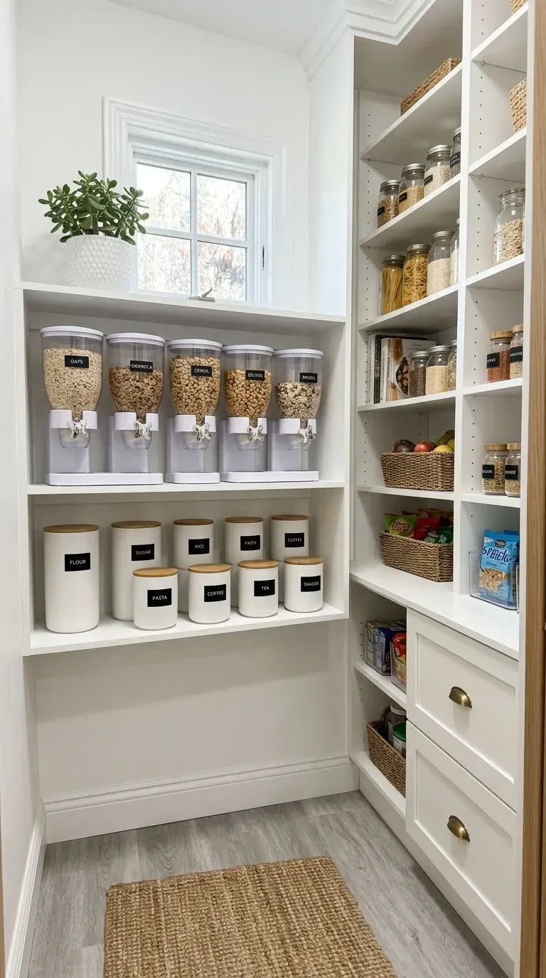 Bright white pantry breakfast station with crisp painted built in shelving Zevro Indispensable wall mounted dual cereal dispensers with glass viewing windows matching white stoneware canisters with black vinyl printed labels for coffee flour and sugar Y Weave seagrass baskets holding bananas and onions natural light streaming in from adjacent window clean efficient family morning zone design