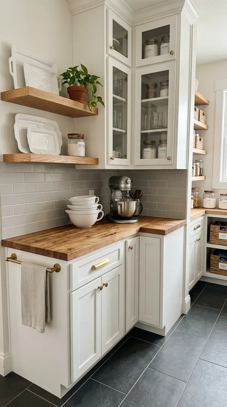 Butler's pantry baking center with crisp white painted shaker cabinetry featuring glass front upper doors displaying serveware and glass canisters solid lower cabinets with brass cup pull hardware warm John Boos maple edge grain butcher block countertop glossy white Daltile Rittenhouse subway tile backsplash with dark grout open white oak shelves above counter KitchenAid Artisan stand mixer in matte black as centerpiece