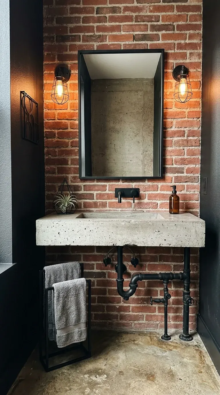 Charleston industrial loft bathroom with exposed red brick wall custom cast concrete trough sink exposed black iron plumbing black caged sconces with Edison bulbs black-framed mirror and concrete floor