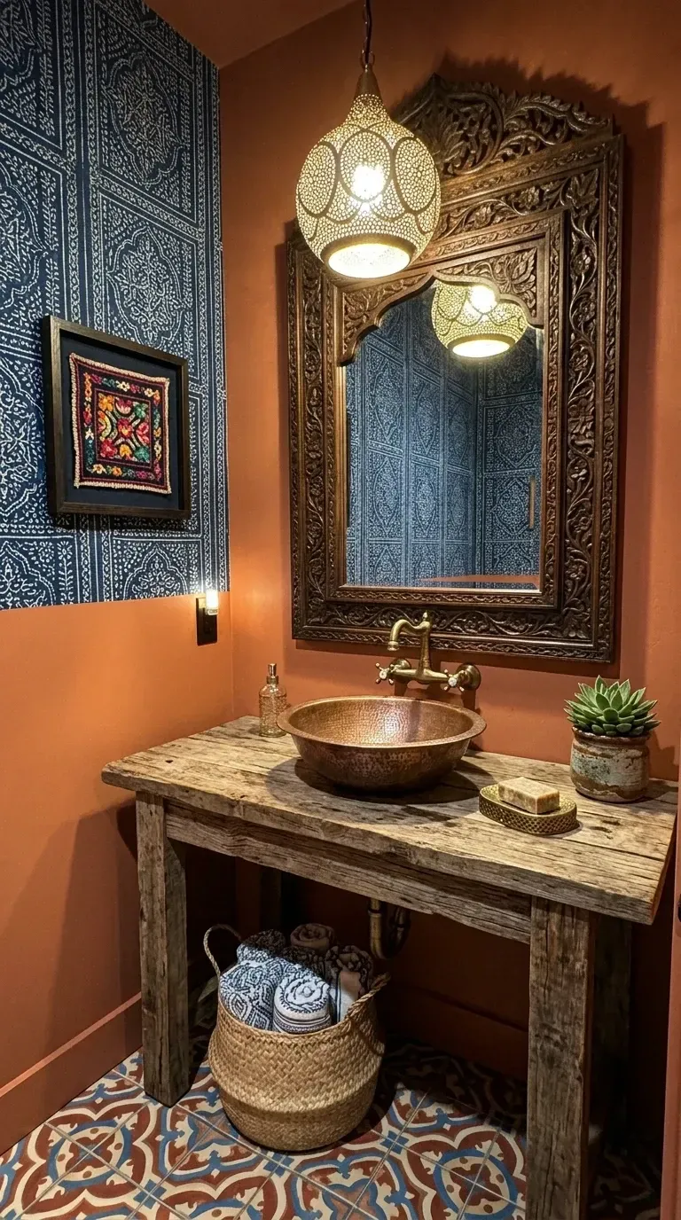 Charleston Moroccan powder room with terracotta walls blue patterned wallpaper hammered copper vessel sink rustic reclaimed wood vanity carved wooden mirror perforated metal pendant and patterned cement floor tiles