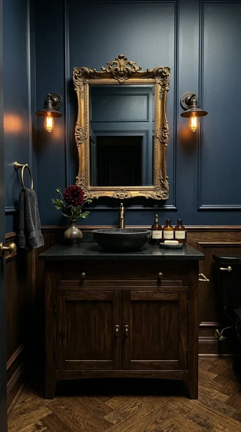 Charleston Victorian powder room with deep navy walls picture frame molding ornate gold vintage mirror dark wood vanity with stone vessel sink industrial brass sconces and herringbone wood floor