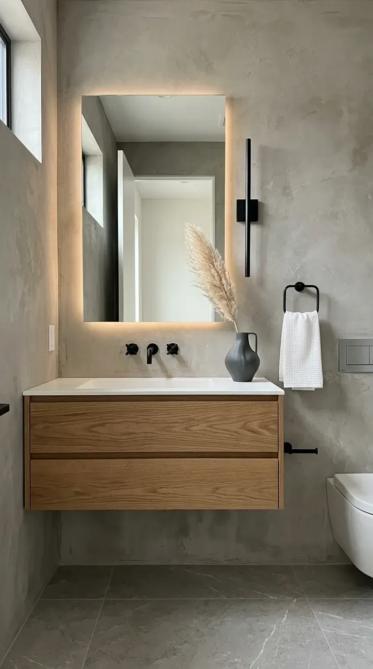 Charleston minimalist bathroom with continuous microcement walls and floor floating timber vanity backlit rectangular mirror black wall-mount faucet and dried botanicals
