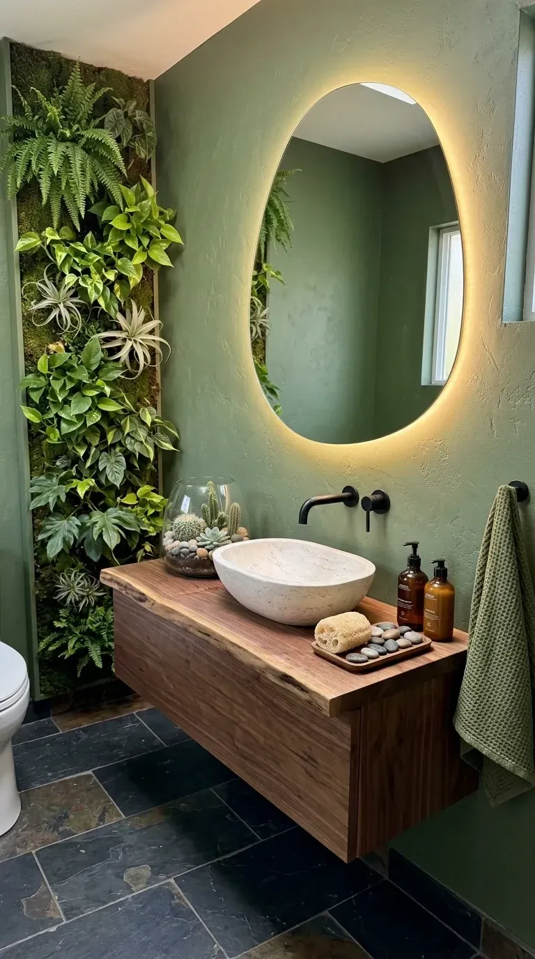 Charleston biophilic spa bathroom with floor-to-ceiling living plant wall live-edge wood floating vanity natural stone vessel sink large irregular backlit mirror black wall-mount faucet and dark slate floors
