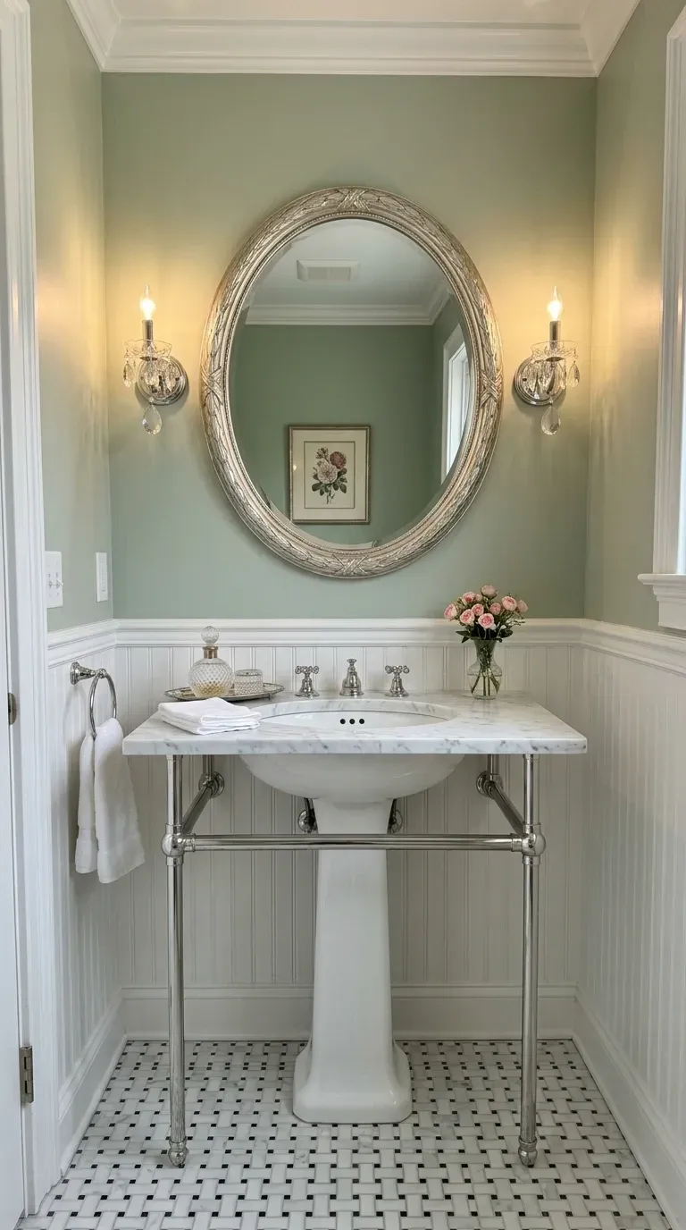 Charleston cottage powder room with mint green walls white beadboard wainscoting pedestal console sink with chrome legs oval ornate silver mirror crystal wall sconces and black and white basketweave mosaic floor
