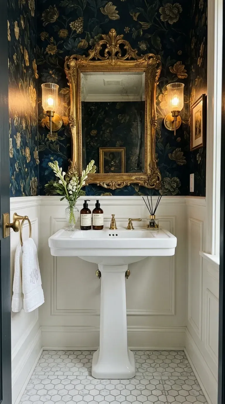 Jewel box powder room with dark blue floral wallpaper, white wainscoting, ornate gold vintage mirror, classic pedestal sink, brass faucet and wall sconces, and marble hexagon floor tile