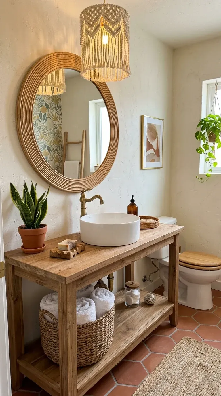 Charleston Scandi-boho powder room with rustic wood console vanity round rattan mirror macrame pendant terracotta hexagonal floor tiles botanical wallpaper and abundant plants