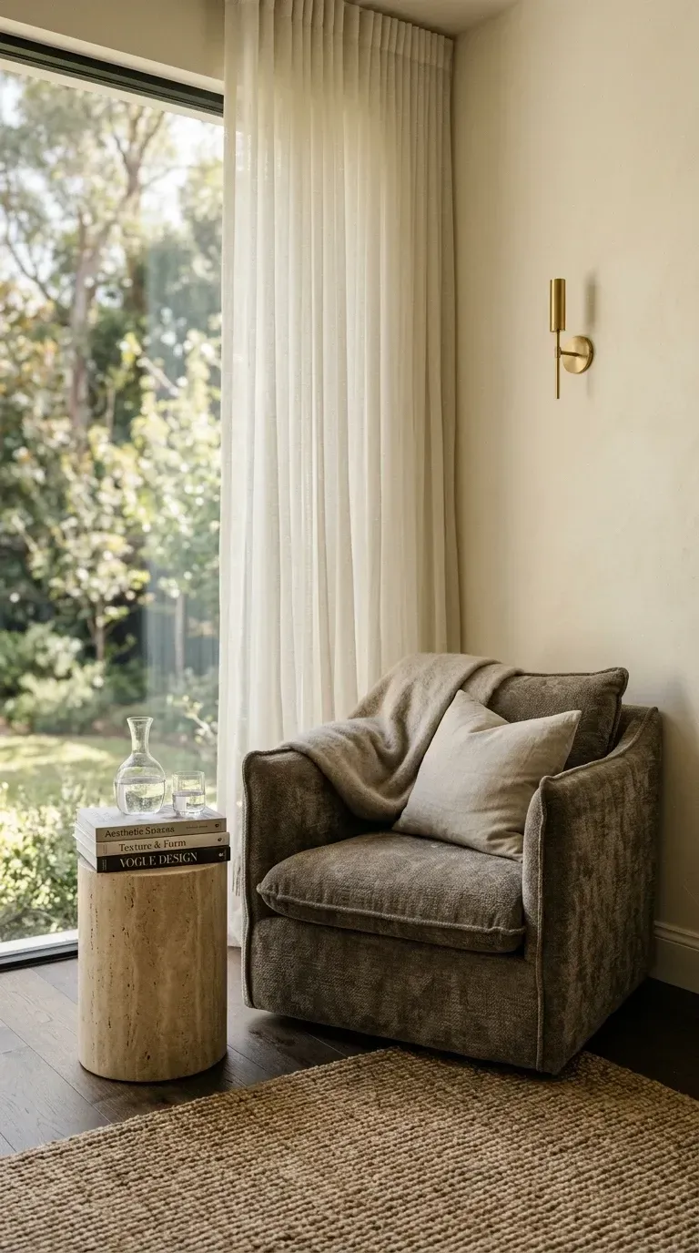 Quiet luxury window seat corner with taupe velvet armchair, cashmere throw, cylindrical travertine side table, minimalist brass wall sconce, sheer linen curtains, and jute rug