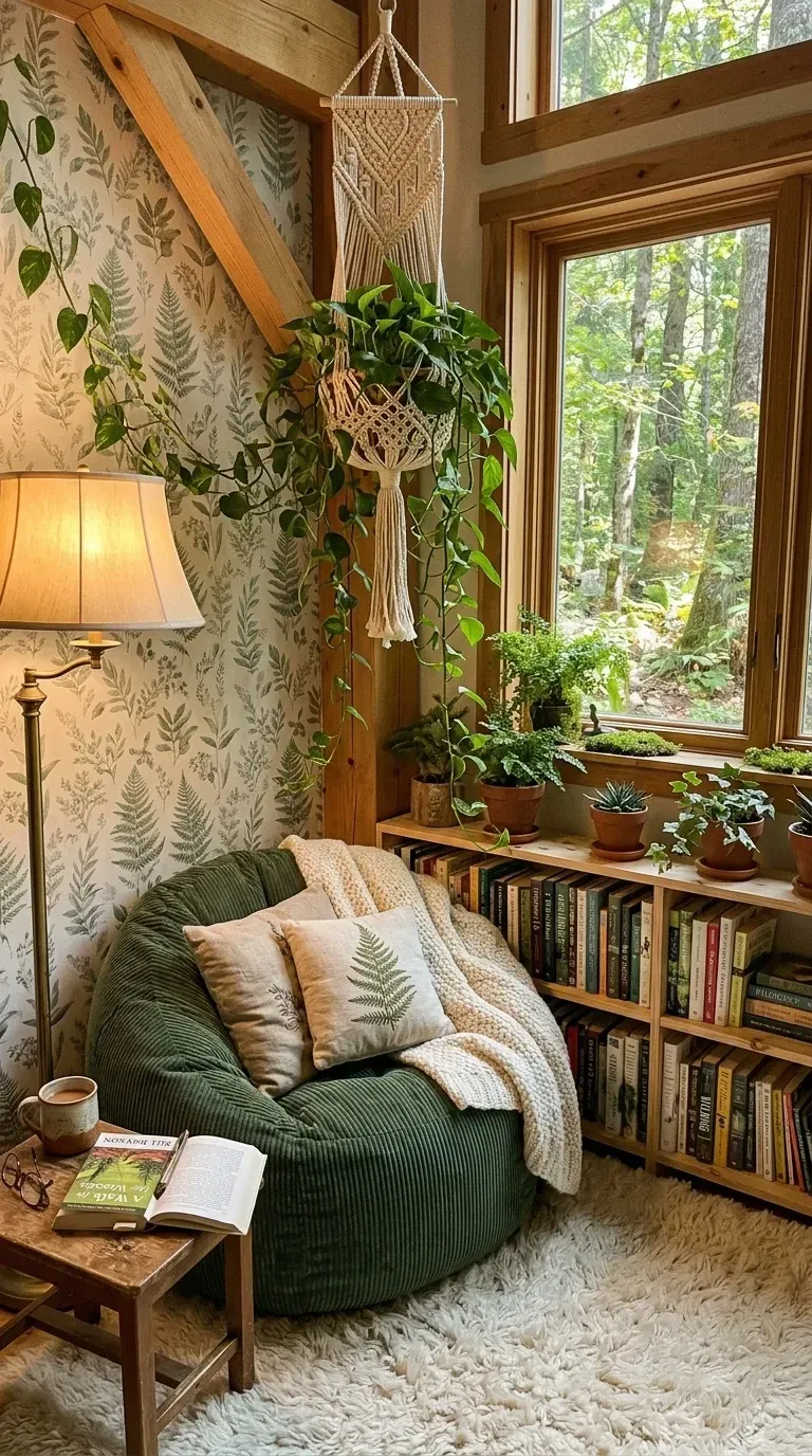 Cozy botanical reading nook with fern leaf motif wallpaper green corduroy bean bag chair macrame hanging planter trailing pothos wooden bookshelf stocked with books and potted plants traditional floor lamp small wooden side table and shaggy rug for hygge biophilic corner