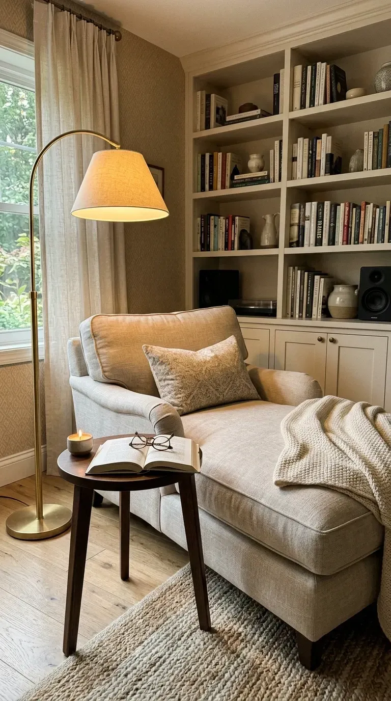 Quiet reading nook with floor-to-ceiling built-in bookshelves and cabinets, upholstered chaise lounge in neutral linen, brass arc floor lamp, small round wood side table, and subtle patterned wallpaper