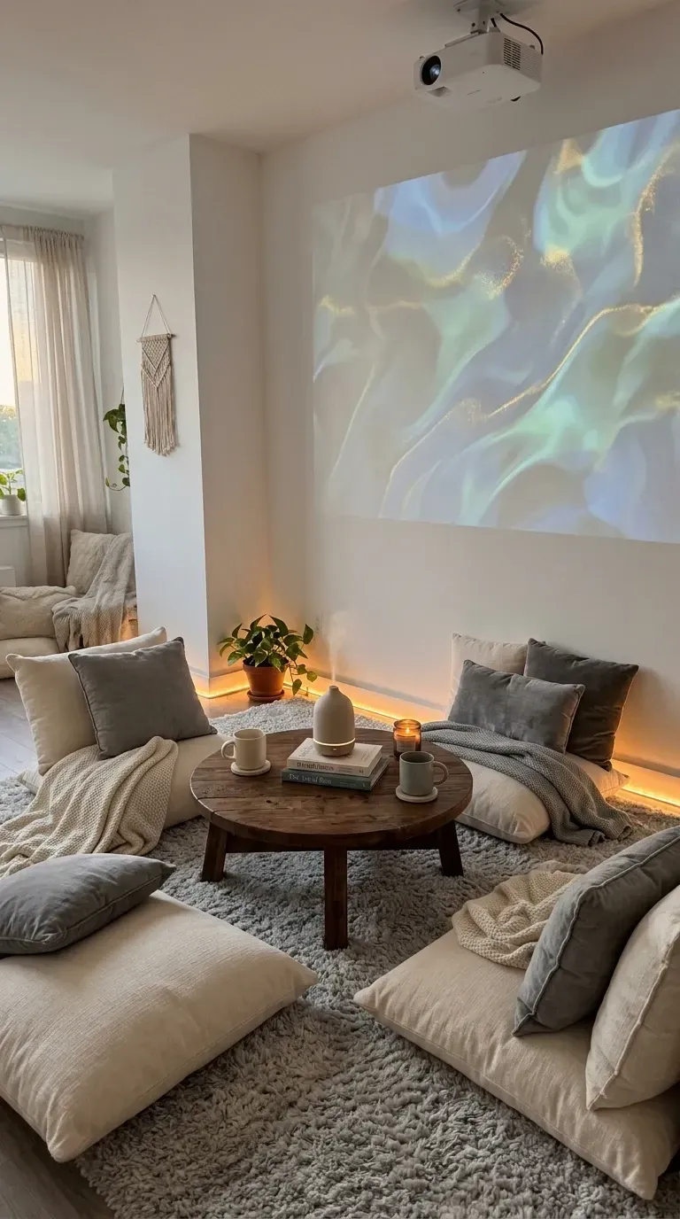Chill zone with large floor cushions and pillows, low round wooden coffee table, projector displaying abstract visuals, warm LED strip lighting, soft throws, and shaggy high-pile area rug