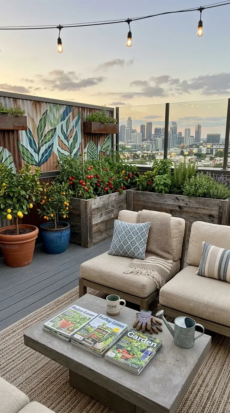 Charleston King Street rooftop terrace with raised cedar planter boxes overflowing with tomatoes and herbs, custom-painted botanical mural on corrugated metal backdrop, armless outdoor lounge chairs, concrete coffee table, potted citrus trees, string lights, and large outdoor rug