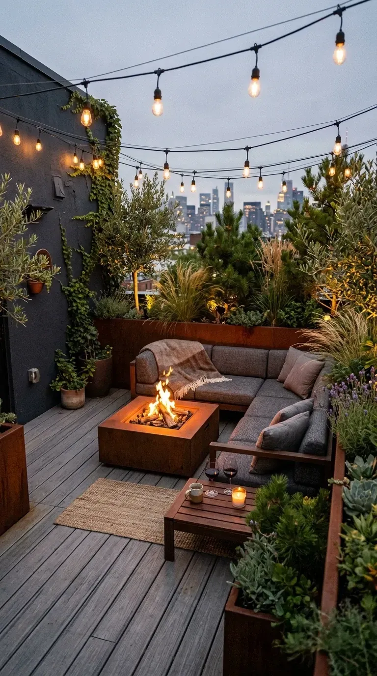Rooftop terrace urban oasis with dark painted walls Corten steel fire pit large outdoor sectional sofa wooden coffee table overhead string lights abundant large planters with olive trees ornamental grasses composite decking and city skyline view for evening gathering space