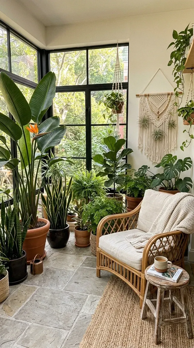 Sun-drenched sunroom plant conservatory with large wrap-around windows flooded with natural light towering Bird of Paradise Snake Plants ferns rattan armchair small rustic stool macrame wall hangings terracotta pots stone tile floor jute rug and bohemian biophilic vibe